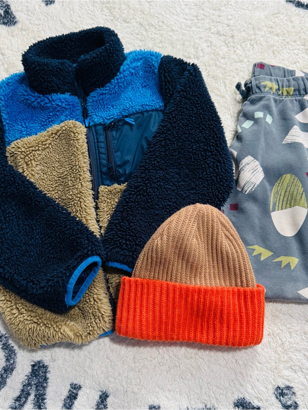 H&M Kids Colorblock Sherpa Jacket with Tan and Bright Orange Beanie & Joggers